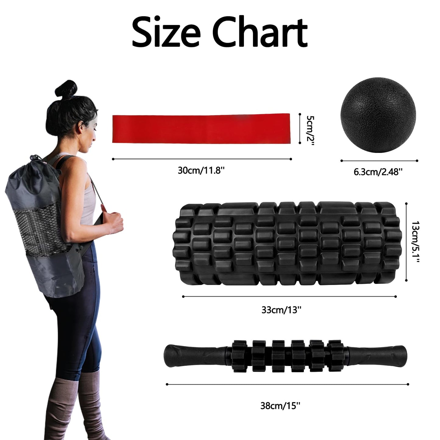 JOYENERGY 5 in 1 Foam Roller Set High Density Foam Roller Patented, Massage Stick, Massage Ball, Resistance Band for Deep Muscle Massage Pilates Yoga, Fitness for Trigger Point Release
