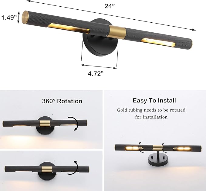 Modern Picture Light 24 inches Brushed Brass Gold Black Wall Sconce with Knurled Texture Cylinder Metal Shades Rotatable 360°Indoor Wall Lighting Fixture for Bathroom Vanity Lights Bedroom
