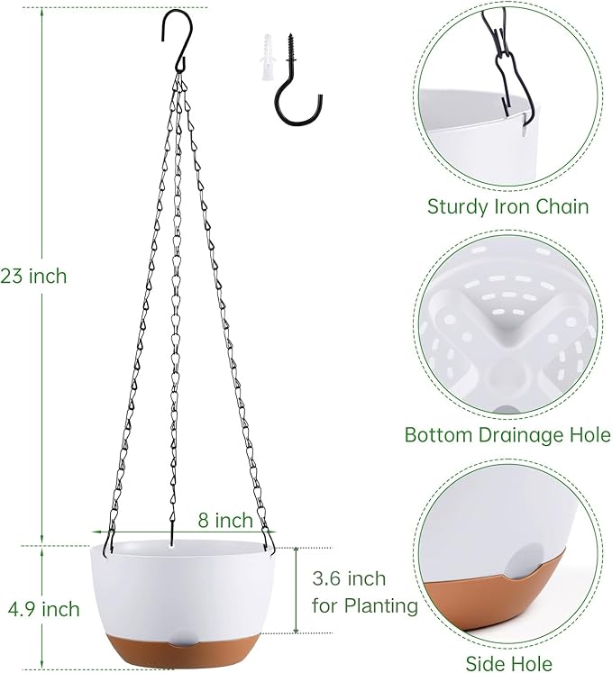 Set of 2 8 Inch Self Watering Hanging Planters for Indoor Outdoor Plants, Color Blocking Hanging Baskets Flower Pots with Drainage Hole & Removable Water-Storage Tray and 20" Chain Hanger