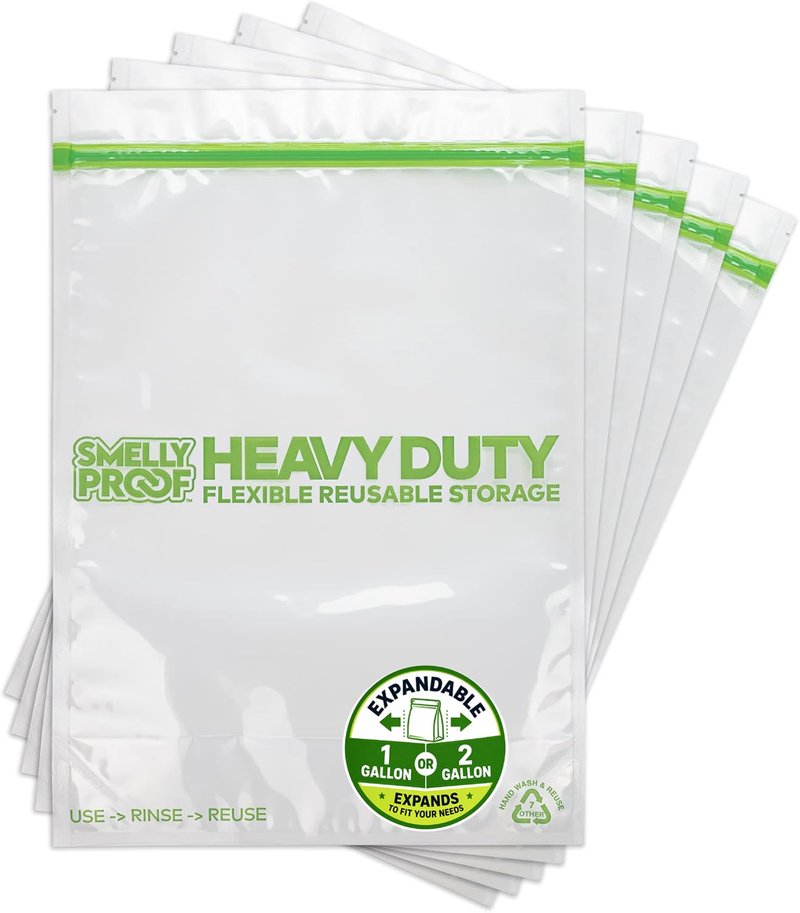 Smelly Proof HEAVY DUTY Reusable STAND-UP Bags for Food Storage, USA Made, NO PEVA & BPA FREE, Reusable Freezer Bags, Dishwasher-Safe, Triple Zip, CLEAR 5-mils XXL 2-Gallon 12" x 16" - 5pk