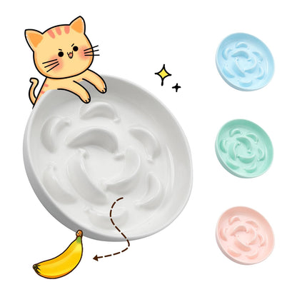 Ceramic Cat Slow Feeder Bowl - Pastel Series Cat Plate for Dry and Wet Food - Cute Maze Feeder Dish for Healthy Eating - Dishwasher Safe - 6.3''W x 1.2''H - 7 OZ - Ivory White