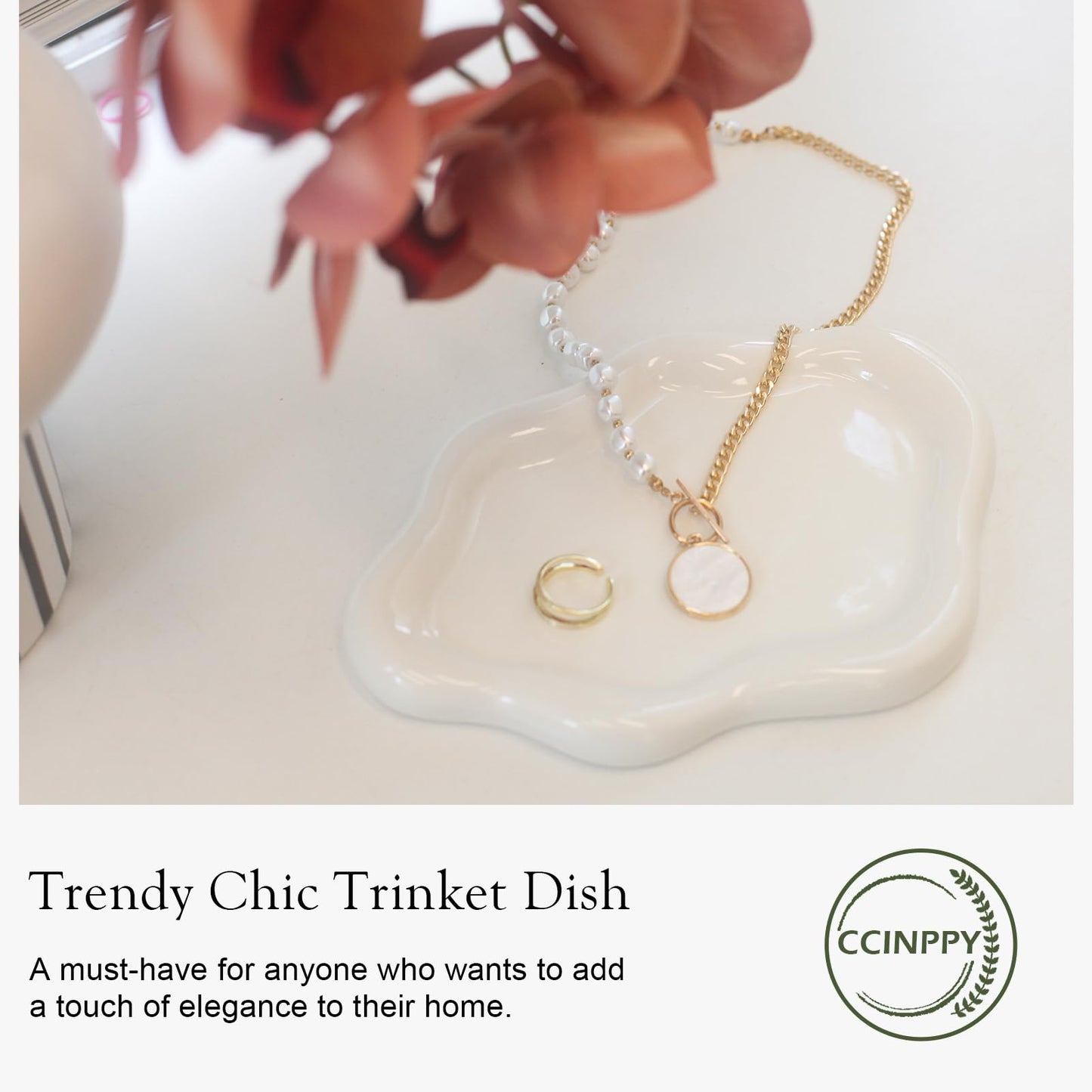 CCINPPY Ceramic Jewelry Tray Trinket Dish, Decorative Cloud Vanity Key Tray for Women, Ring Holder Dish, Cute Jewelry Plate Bowl Room Decor Aesthetic, White, Medium