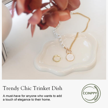 CCINPPY Ceramic Jewelry Tray Trinket Dish, Decorative Cloud Vanity Key Tray for Women, Ring Holder Dish, Cute Jewelry Plate Bowl Room Decor Aesthetic, White, Medium