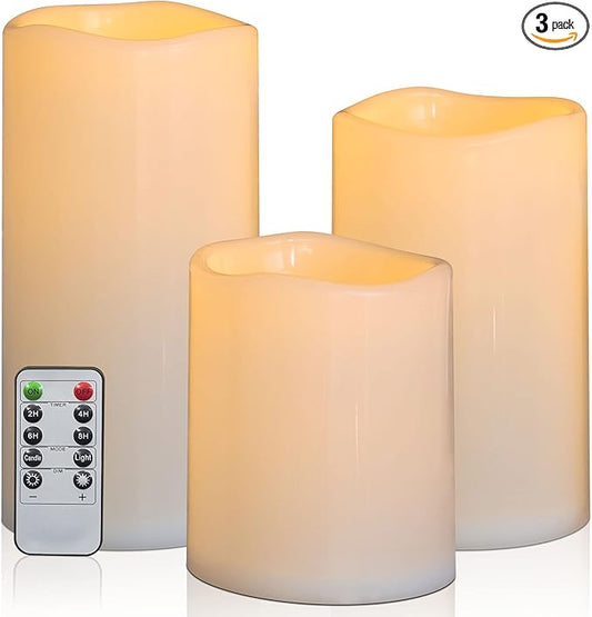 6" 8" 10" x 5" Waterproof Outdoor Flameless Candles Battery Operated LED Flickering Pillar Candles with Remote and Timer for Indoor Outdoor Lanterns, Long Lasting, Ivory White Large, Set of 3