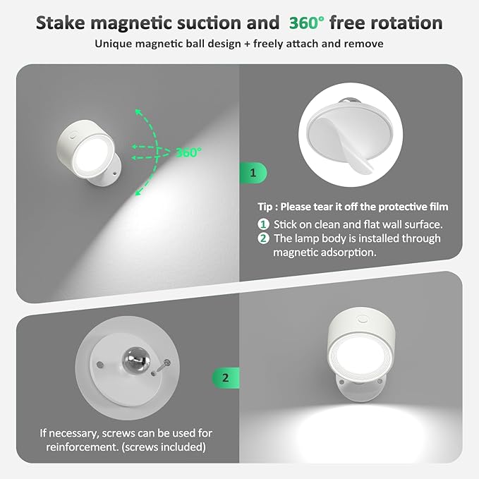 LED Wall Sconces 2 Pcs with Remote, Wall Mounted Lights Rechargeable Battery Operated, 3 Color Temperatures & Dimmable Wall Lamp Magnetic 360° Rotation Light for Bedroom Living Room