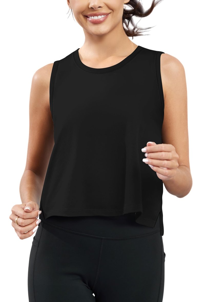 KevaMolly Black Workout Tank Tops for Women Flowy Cropped Shirts UPF50+ Breathable Crew Neck Athletic Yoga Running Crop Tops S