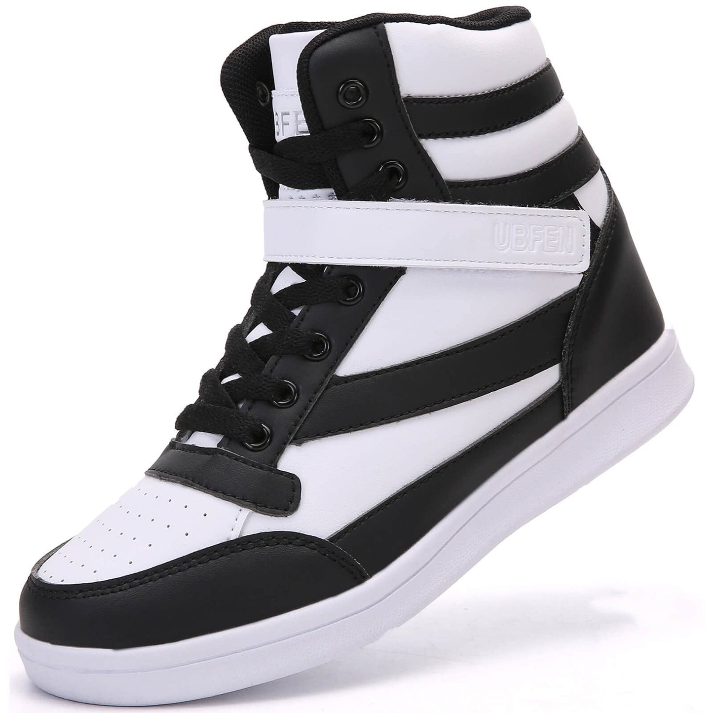 UBFEN Womens High Top Ankle Support Sneakers Black White Hidden Wedge Heel Retro Halloween Party Tennis Shoes for Girls Cosplay Removable Insole Footwear Size 7.5
