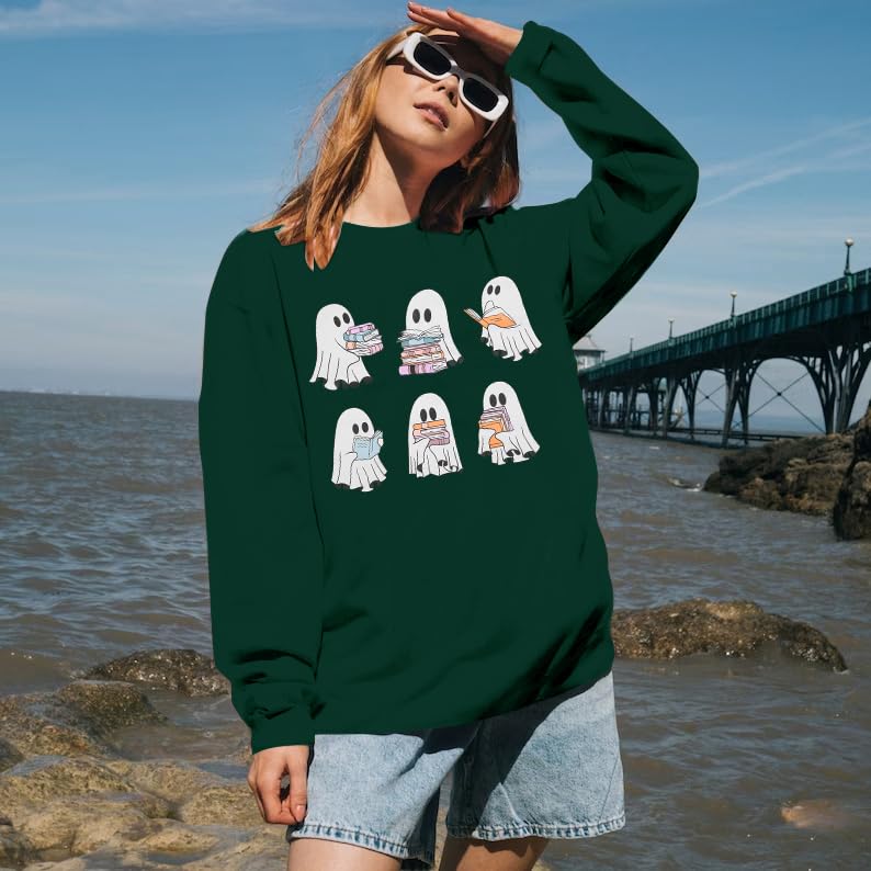 UNIQUEONE Halloween Sweatshirts for Women Ghost Reading Books Sweater Cute Spooky Bookish Shirt Fall Pullover Long Sleeve Tops Green