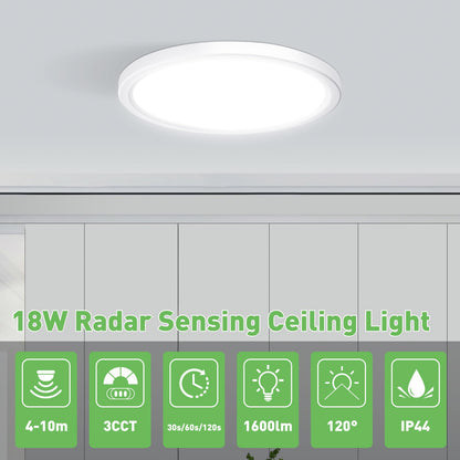 ALUSSO LED Ceiling Light Radar Motion Sensor, 18W Ceiling Lights 3CCT 3000K 4000K 6500K 1600LM, IP44 Waterproof Bathroom Ceiling Light for Toilet Stair Loft Porch Bath Attic Garage, Ø22cm