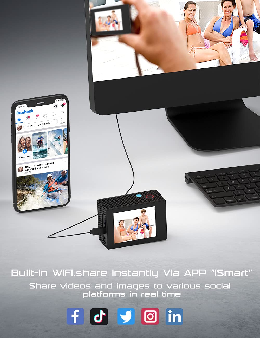 Apexcam 4K 60FPS Action Camera EIS Stabilization 20MP Sports Cam 40M Waterproof Underwater Camera 8X Zoom Support External Mic with Remote Control 2 x 1350mAh Rechargeable Batteries…