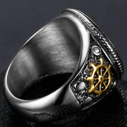 Jude Jewelers Stainless Steel Antique Vintage Skull Pirate Knife Death Halloween Cocktail Party Biker Ring (Silver Gold, 5.5)