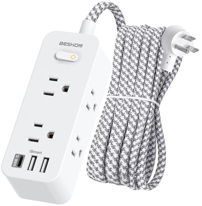 Power Strip Surge Protector, BESHON 5Ft Extension Cord, 6 Outlets with 4 USB Ports (2 USB C Outlet), 3-Side Outlet Extender, Wall Mount, Compact for Travel, Home, School, College Dorm Room and Office
