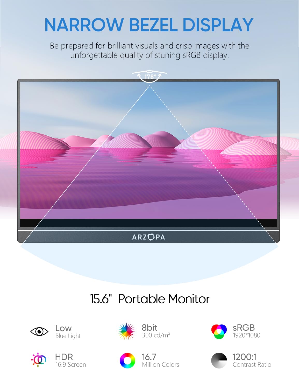 ARZOPA Portable Monitor, 15.6" 1920×1080 FHD IPS Portable Monitor for Laptop with Kickstand, Ultra-Slim Second Screen for Laptop/PC/Mac/PS3/4/5/Xbox - USB C & HDMI Connectivity - A1