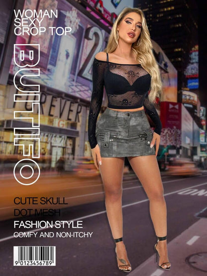 Buitifo Womens Lingerie Set Fishnet Babydoll Bodysuit Sexy Nightwear Skull Halloween Costume (Black,One Size)