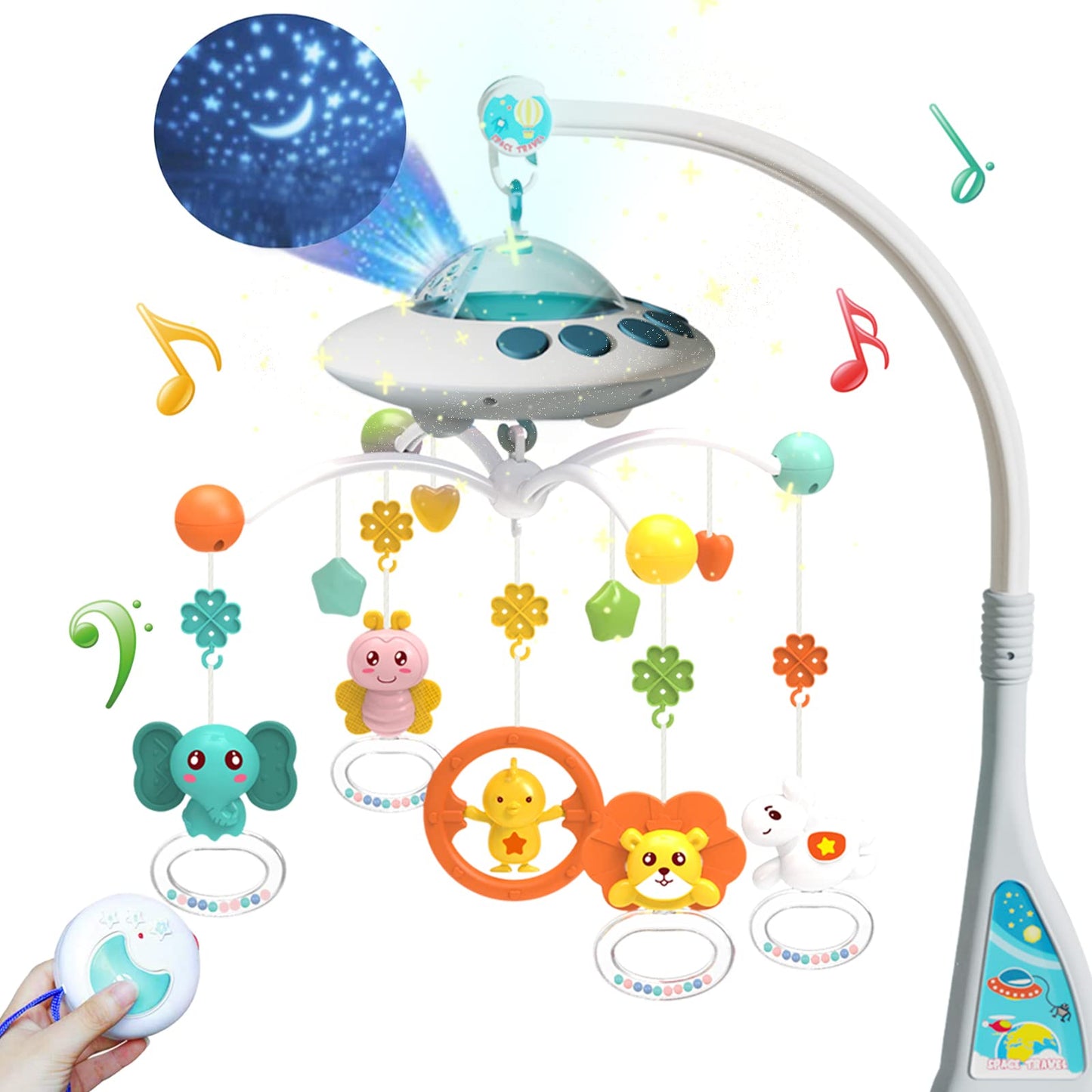 Eners Baby Crib Mobile with Music and Lights, Mobile for Crib with Remote Control, Rotation, Moon and Star Projection, Baby Crib Toys for Boys Girls (Biue)