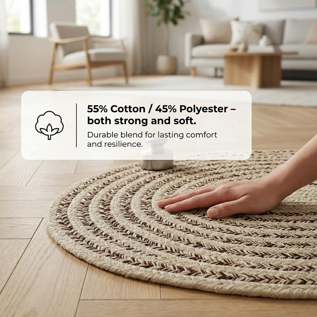 Cotton Braided Rug - 4' x 6' Beige and Brown Oval Woven Farmhouse Rug for Bedroom - Braided Minimalist Rugs for Living Room - Rustic Primitive Rugs for Breakfast Nook
