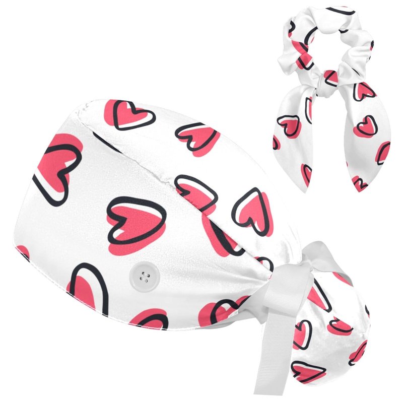Adjustable Working Cap Pink Hearts Bouffant Hat with Buttons Scrub Hat with Bow Hair Scrunchy for Woman