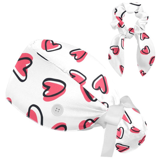 Adjustable Working Cap Pink Hearts Bouffant Hat with Buttons Scrub Hat with Bow Hair Scrunchy for Woman