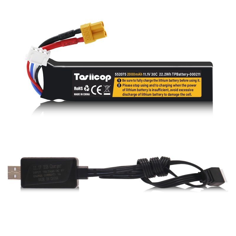 Tosiicop Airsoft Gel Blaster Battery - 11.1V 2000mAh Airsoft Lipo Batteries 3S for Water Bead Splat Ball Splatter XT-30 Plug with XH-4P Connector Rechargeable Charging Cable