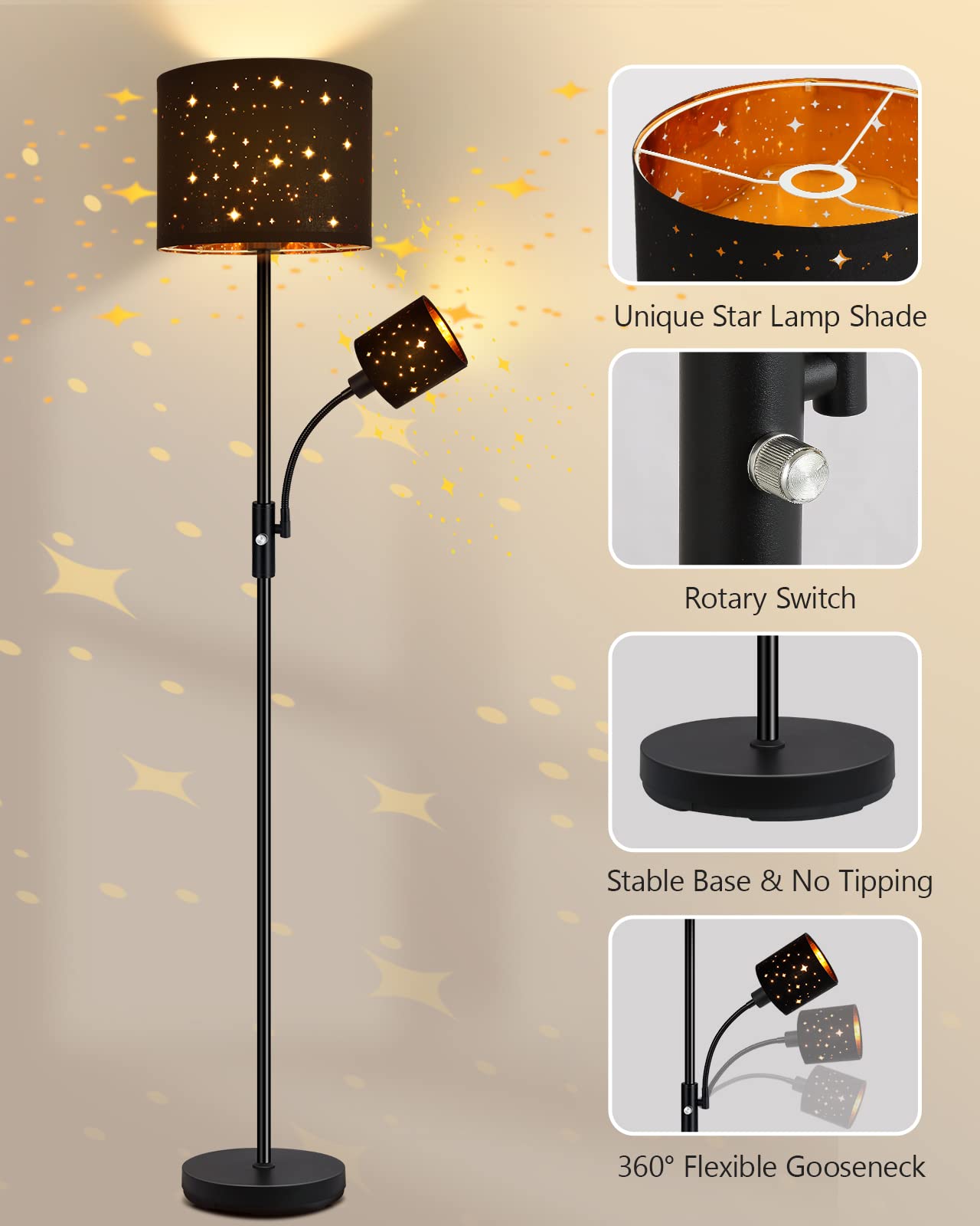 Floor Lamp Black, Reading Standing Lamps for Living Room, 62" Tall Torchiere Lamp for Kids Room, 3-Way Switch, Star-Gold Lampshade, Modern Goth Decor for Bedroom/Office, Bulbs Not Included(E26 Base)
