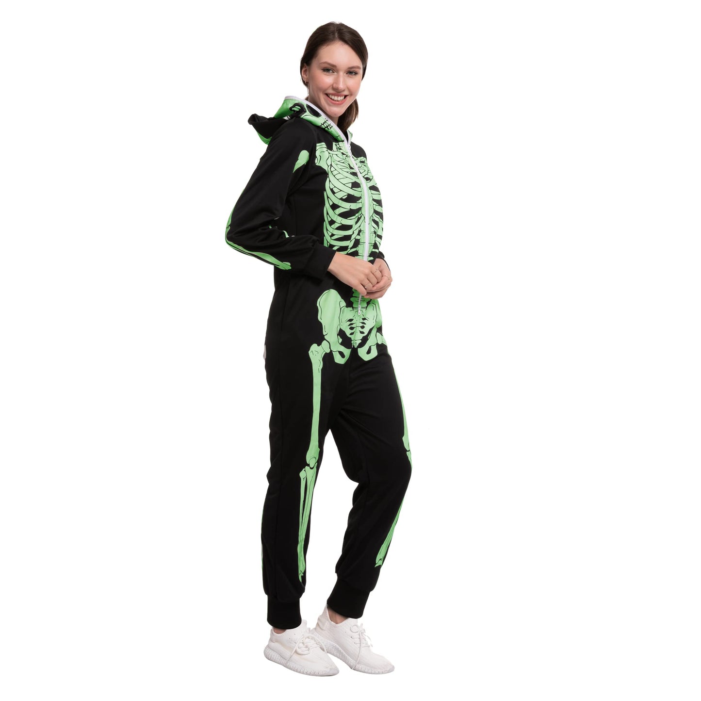 Spooktacular Creations Skeleton Costume Adult Women, Glow in the Dark Costume, Plush Skeleton Pajama Zippered Hoodie for Halloween Dress Up Parties-M