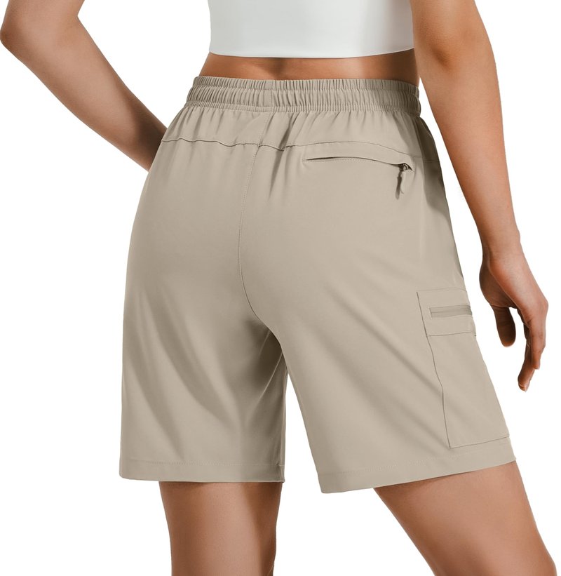 Hugut Women's Lightweight Hiking Cargo Shorts Quick Dry Athletic Shorts Camping Travel Golf Zipper Pockets Water Resistant Khaki