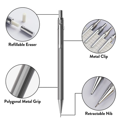 Four Candies 0.7mm Mechanical Pencil Set with Case - 4PCS Metal Mechanical Pencils, 8 Tubes HB #2 Lead Refills, 3PCS 4B Erasers and 9PCS Eraser Refills, Lead Mechanical Pencils for Writing & Drawing