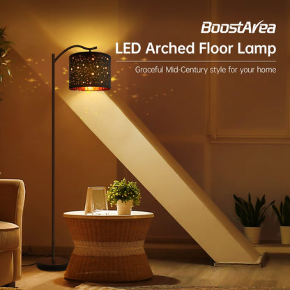 BoostArea Floor Lamp for Living Room,LED Arched Tall Modern Standing Lamp with Bohemian Linen Shade, E26 Socket, Footswitch,Black Mid Century Floor Lamp for Bedrooms,Office,Star Shade