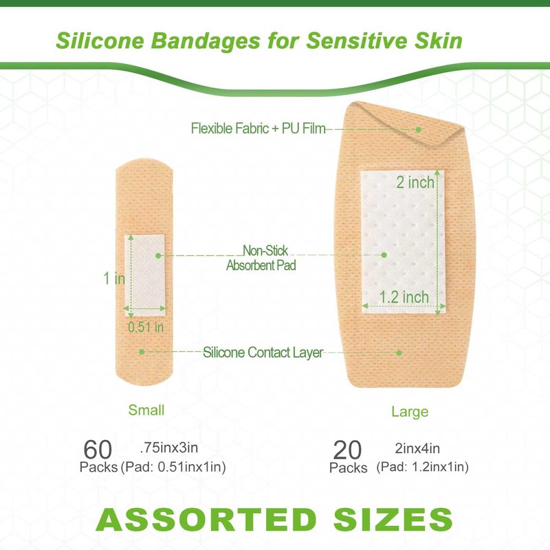 NeuHeils 80 Pcs Silicone Bandages for Sensitive Skin Assorted Sizes: Small 0.75x3 in (60 Pcs) & Large 2x4 in (20 Pcs). Non-Stick Pad, Hypoallergenic, Pain-Free Removal, Idea for Fragile Skin