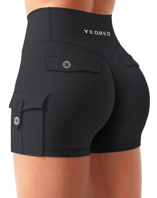 YEOREO CoreFlex Women Workout Gym Shorts with Cargo Pockets Hidden Scrunch 3.6" 4.5" Inseam No Front Seam Biker Shorts Black L
