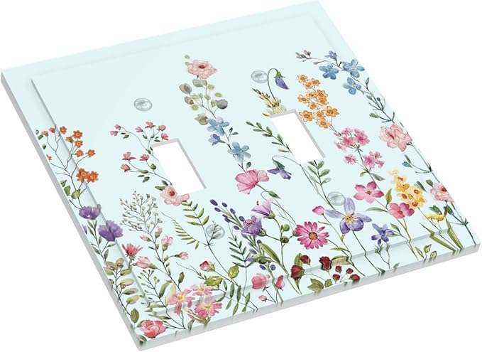 Rustic Wild Floral Vintage Blue Watercolor Flower Double Toggle Light Switch Covers Decorative Unique 2 Gang Wall Plate Dual Electrical Faceplate Switchplate for Bathroom Bedroom Decor