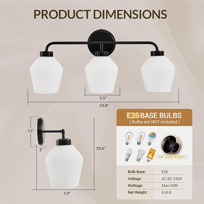 ANDY STAR Black Bathroom Light Fixture, 3-Light Bathroom Vanity Light, 25" Geometric Wall Light with Milky White Frosted Glass Shade, Industrial Metal Wall Sconce, E26 Base, Easy Installation
