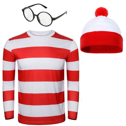 Adult Men Halloween Red and White Striped Long Sleeve Tee Shirt Glasses Hat Outfit Suit Set Funny Cosplay Sweatshirt Costume (XX-Large)
