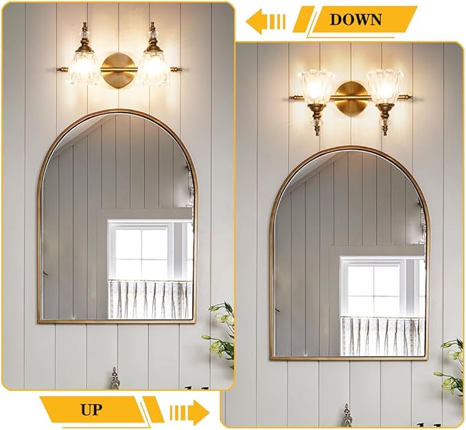 Brass Vanity Light, Farmhouse Brushed Gold Bathroom Light Fixtures, 2 Light Bathroom Vanity Lights, Flower Glass Shade Wall Sconce Lighting