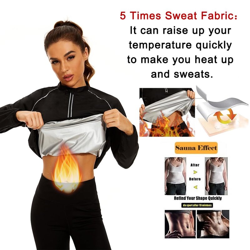 NINGMI Sauna Suit for Women Sweat Jackets Long Sleeve Shirt Weight Loss Workout Zipper Gym Exercise Body Shaper