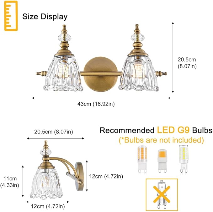 Brass Vanity Light, Farmhouse Brushed Gold Bathroom Light Fixtures, 2 Light Bathroom Vanity Lights, Flower Glass Shade Wall Sconce Lighting
