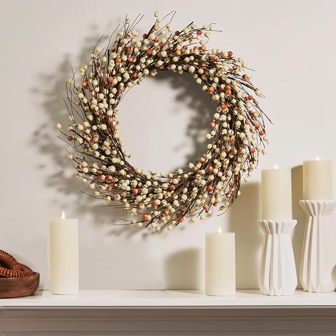 LampLust Grapevine Wreath for Front Door, 22 Inch, Cream Pip Berries, Farmhouse Wreath, Indoor Outdoor Year-Round Decor, Rustic Farmhouse Decor, Fall Wreaths for Front Door, Thanksgiving Décor