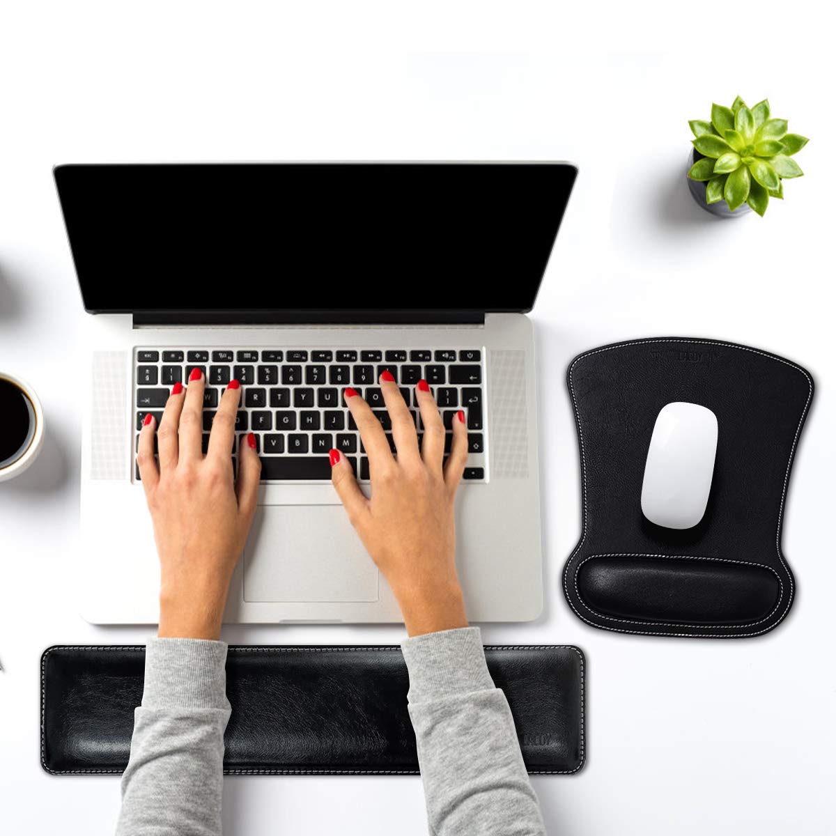 Cacoy Ergonomic PU Leather Keyboard Wrist Rest and Mouse Pad Wrist Support Set Memory Form-Filled and Non-Slip Base Easy-Typing and Pain Relief Wrist Rest for Office Computer Laptop (Black)