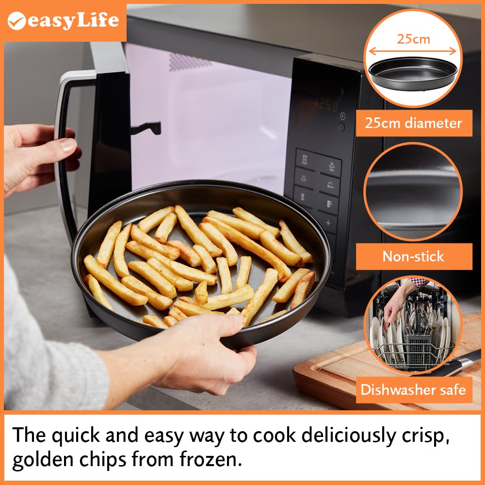 Easylife Microwave Chip Pan, 25cm Non-Stick Microwave Dish for Oven Chips, Omelettes, Bacon and Pizza, Microwave Cookware, Dishwasher Safe | Black