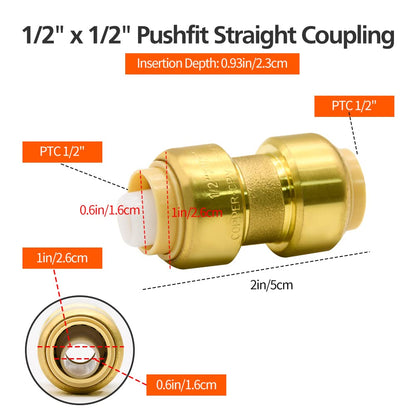 2/6/12 Pack Push-to-Connect Plumbing Fittings, 1/2" Pushfit Straight Fittings with Disconnect Clip for Copper, PEX, CPVC Pipe (1/2" Straight, 2)