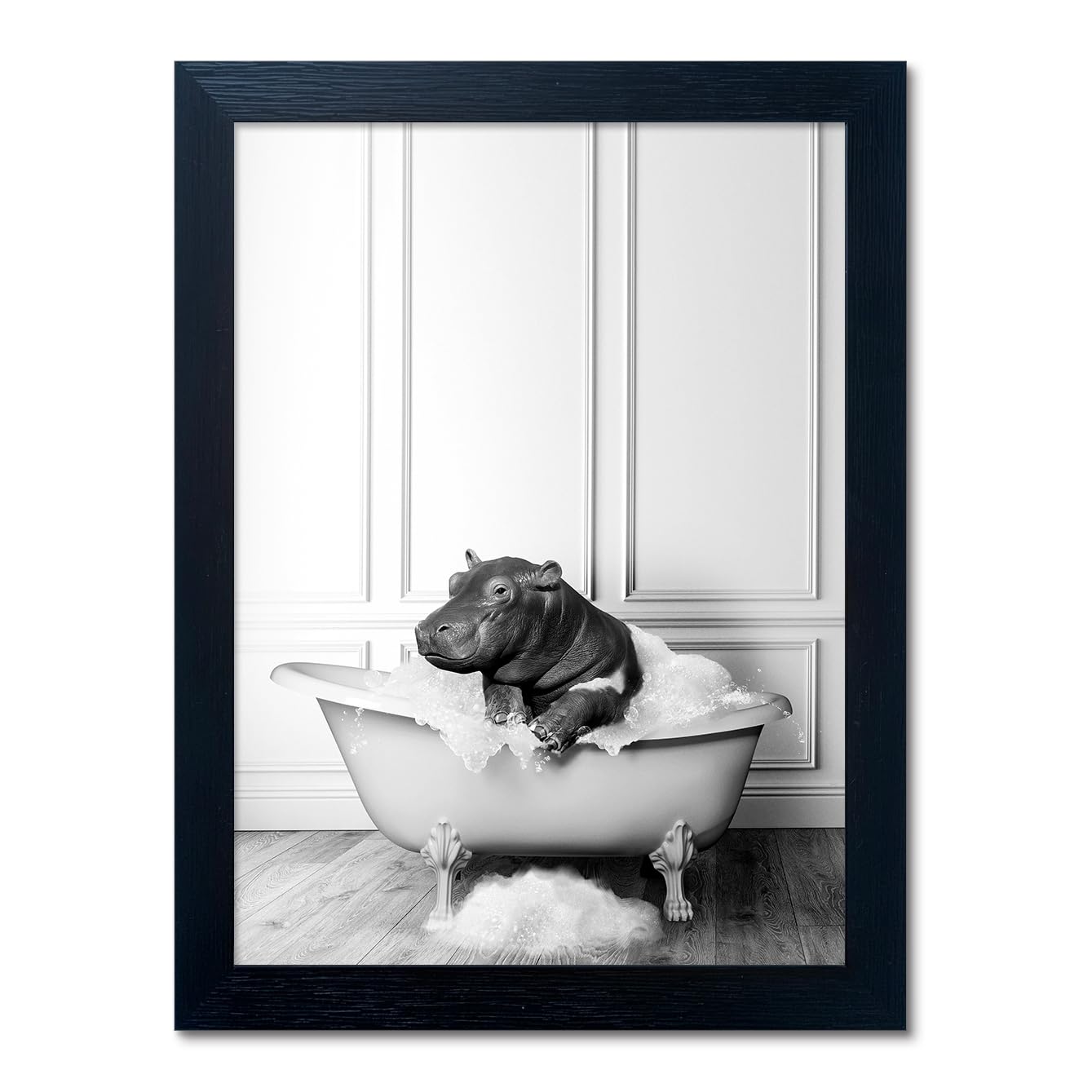 Bathroom Picture Wall Decor, Framed Black and White Bathroom Wall Art, Toilet Paper in Little Funny Raccoon's Hand Animal Canvas Print Painting