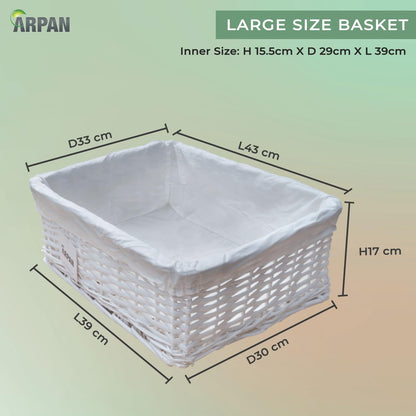 Arpan White Wicker Storage & Hamper Basket with White Cloth Lining – Small, Medium & Large Gift Baskets for Xmas, Wedding, Confetti & Parties, Snack Basket, Wicker Baskets Multipack