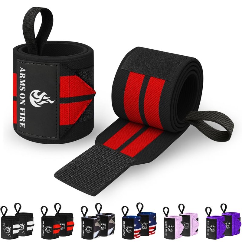 TECEUM Weightlifting Wrist Wraps with Thumb Loop – Black and Red – Arms on Fire – 18 inch – Heavy-Duty Workout Wrist Support & Protection – Ideal for Powerlifting, Strength Training, Bodybuilding