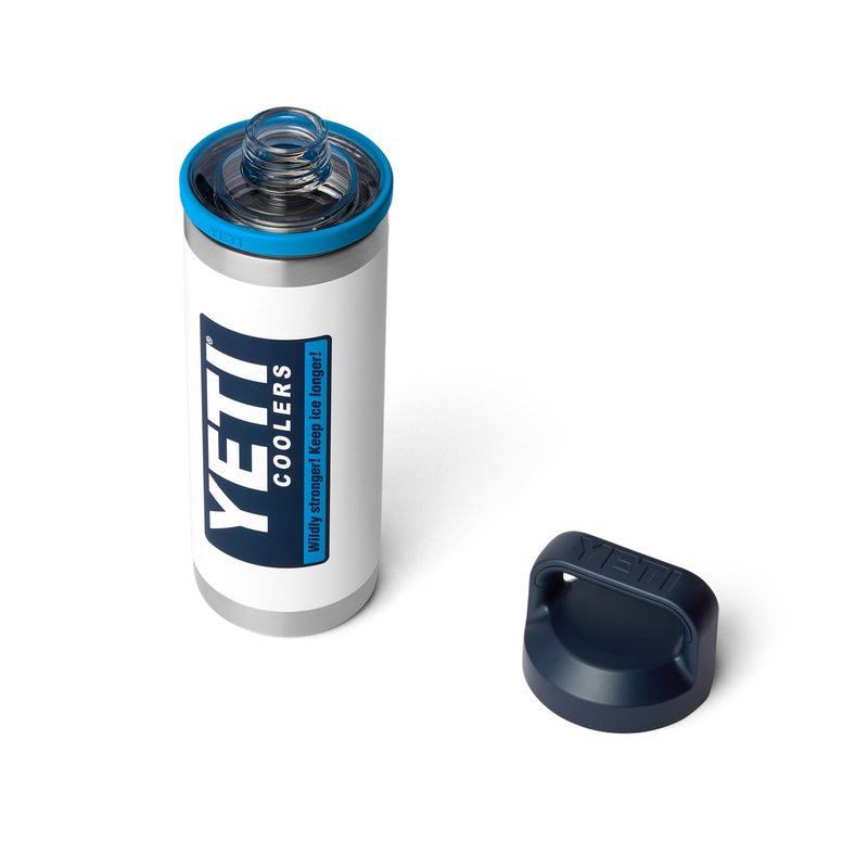 YETI Rambler 18 oz Bottle, Leakproof, Vacuum Insulated, Stainless Steel with Chug Cap, White/Blue
