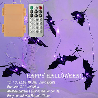 BOHON Halloween Lights String 30 LEDs Bat Fairy Lights with Remote 12 Lighting Modes Battery Operated String Lights for Outdoor Indoor Party Patio Halloween Decoration