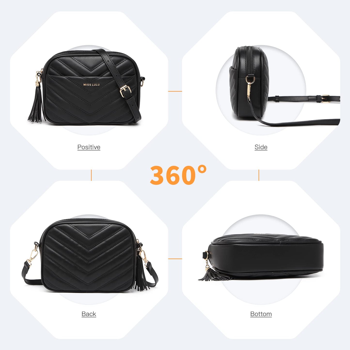 Miss Lulu Women's Small Black Crossbody Shoulder Bag with Adjustable Strap - PU Leather, V-Shaped Pattern & Tassel Detail