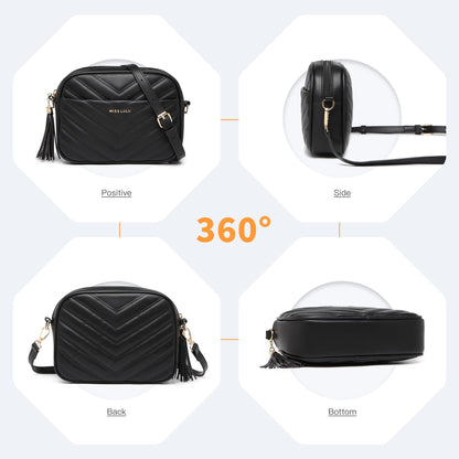 Miss Lulu Women's Small Black Crossbody Shoulder Bag with Adjustable Strap - PU Leather, V-Shaped Pattern & Tassel Detail