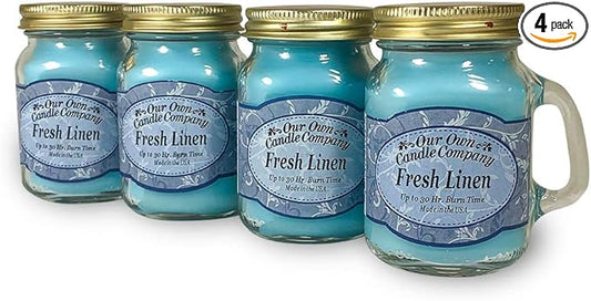 Our Own Candle Company Scented Mini Mason Jar Candle, 3.5 Ounce (Fresh Linen, 3.5 oz (4 Pack))