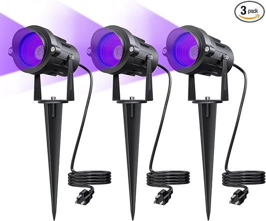 Onforu 18W Black Light Spotlight Outdoor, IP65 Waterproof Blacklight Spot Lights, 385-400nm Wavelength, Plug-in Halloween Black Lights for Glow Party, Body Paint, Stage Lighting, Neon Decor (3 Pack)