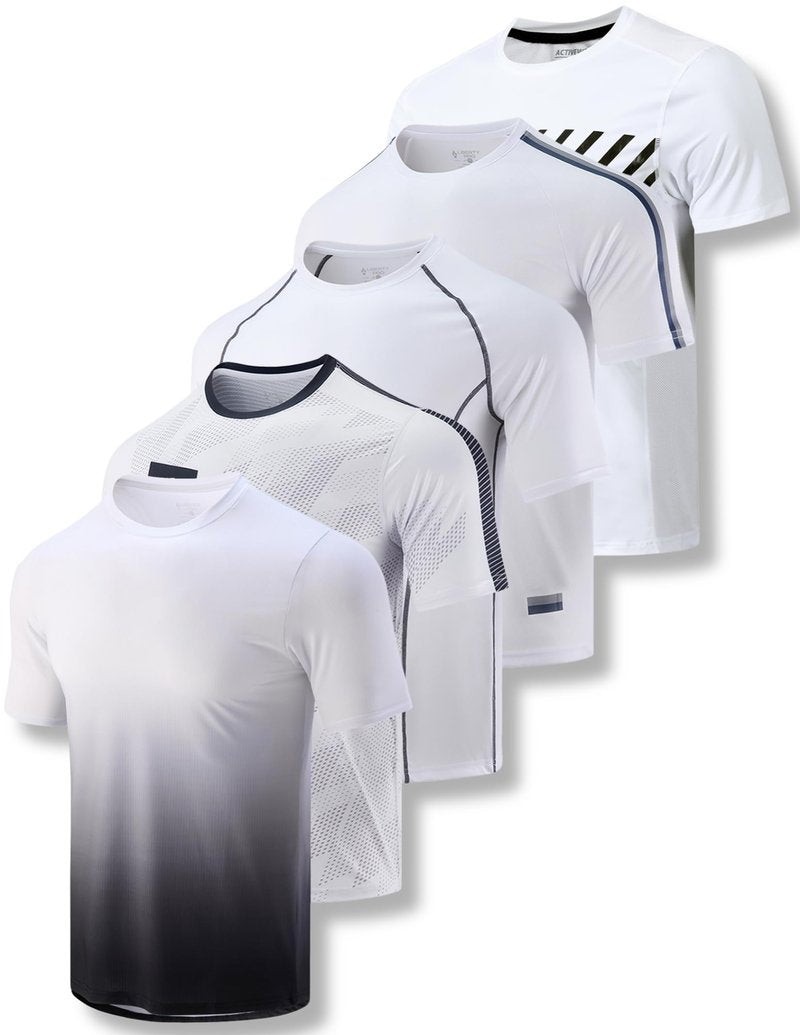5 Pack Men’s Active Quick Dry Crew Neck T Shirts | Athletic Running Gym Workout Short Sleeve Tee Tops Bulk (Set 14, Medium) White